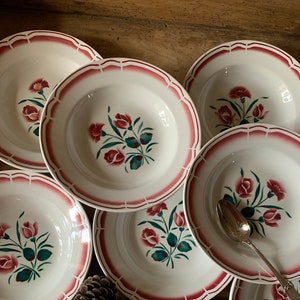 7 soup plates from the FB Badonviller factory with flower decoration, Badonviller soup plates