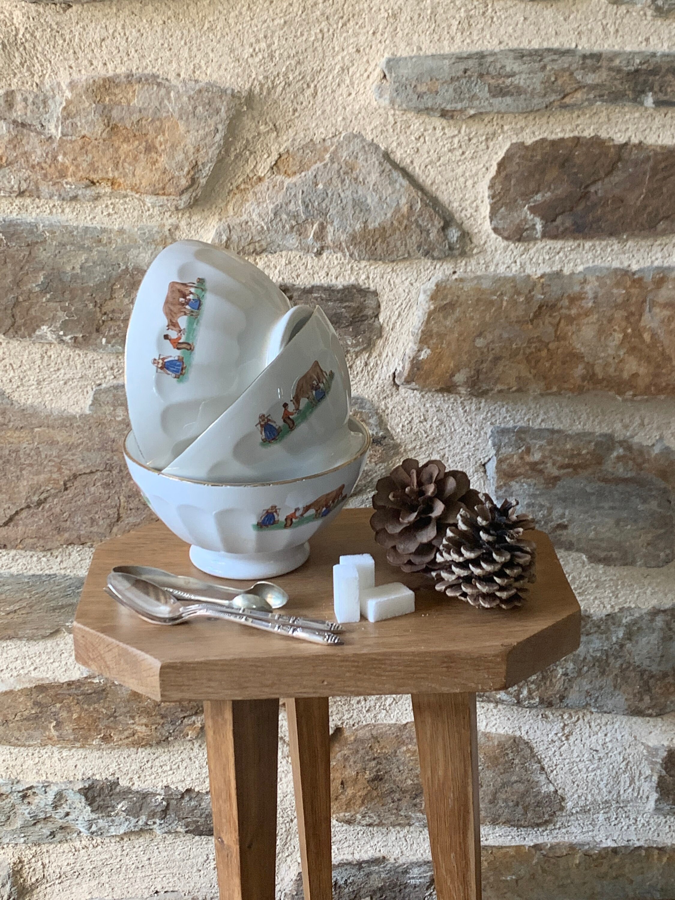 Lot de 3 Bols Côtelés Au Décor Vaches, Old Bowl, French Bowl, Cow, Cow Decor, Campagne Chic, Sarregu