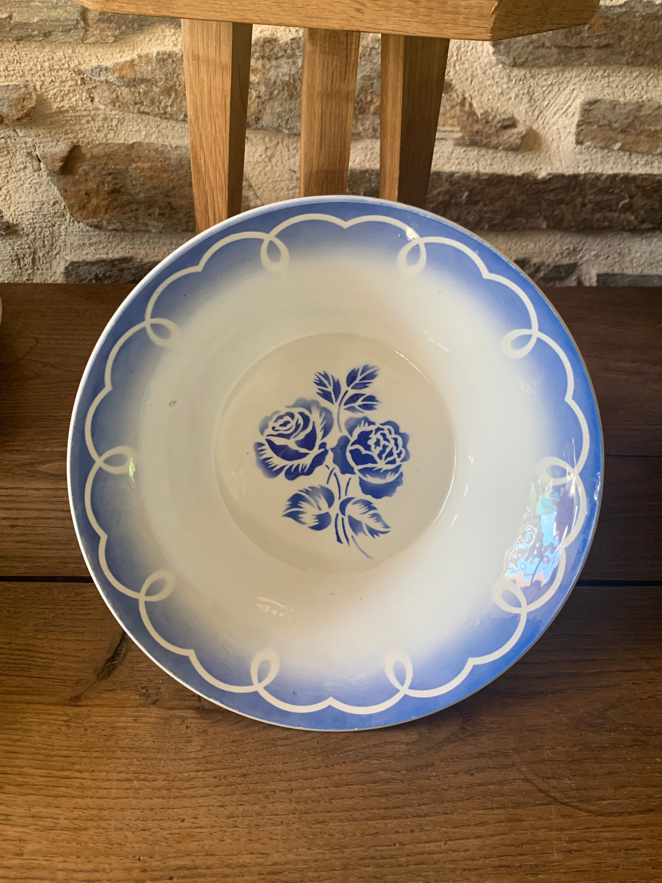 Saladier Rond Digoin Fleurs Bleues, Digoin, Faience, Faience Fleurie, Plat, Dis, Deep Dish, Art de L