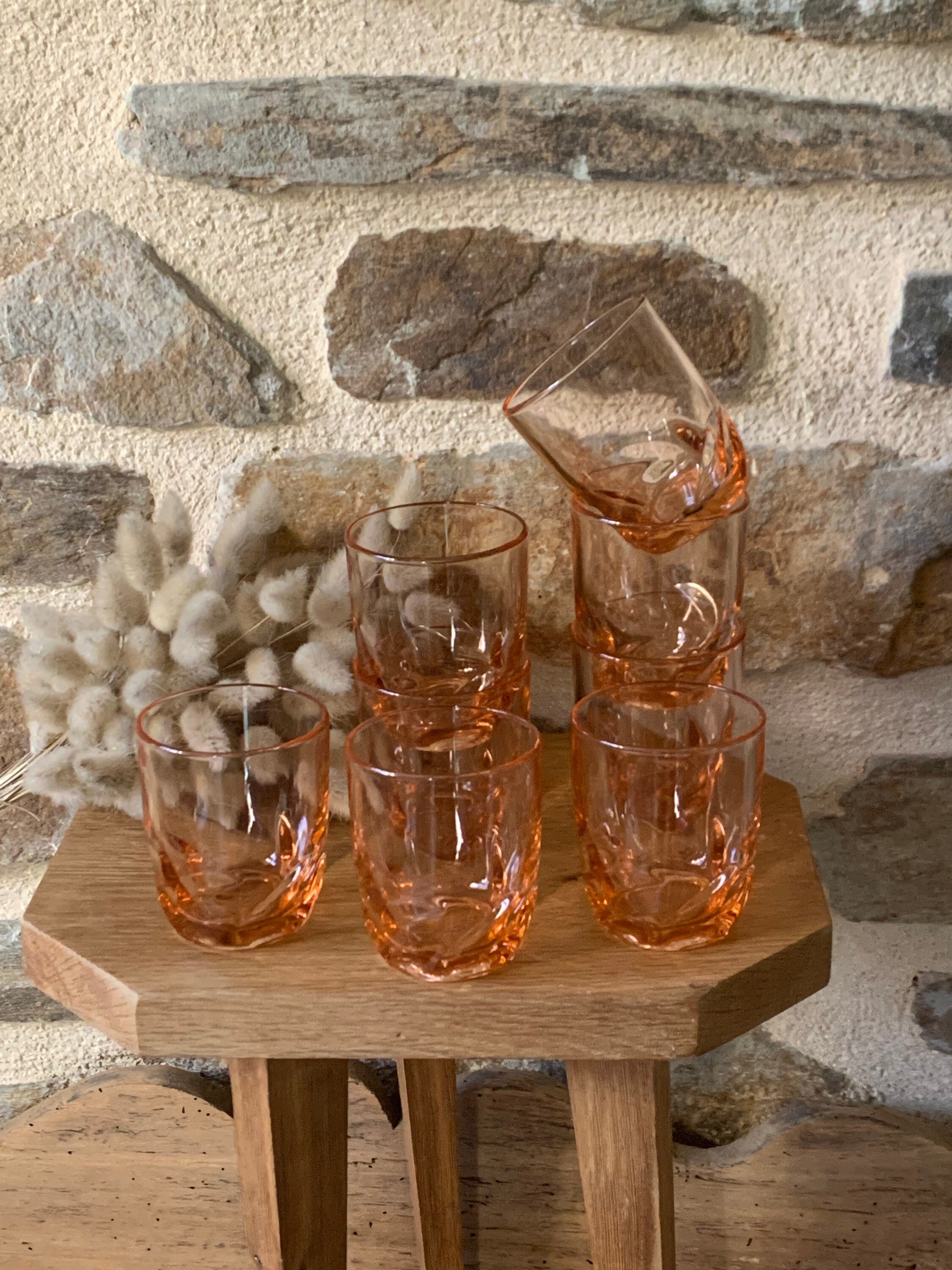 Lot de 8 Verres Gobelets Roses Signés France Rosaline , en Forme Gobelet Rasaline