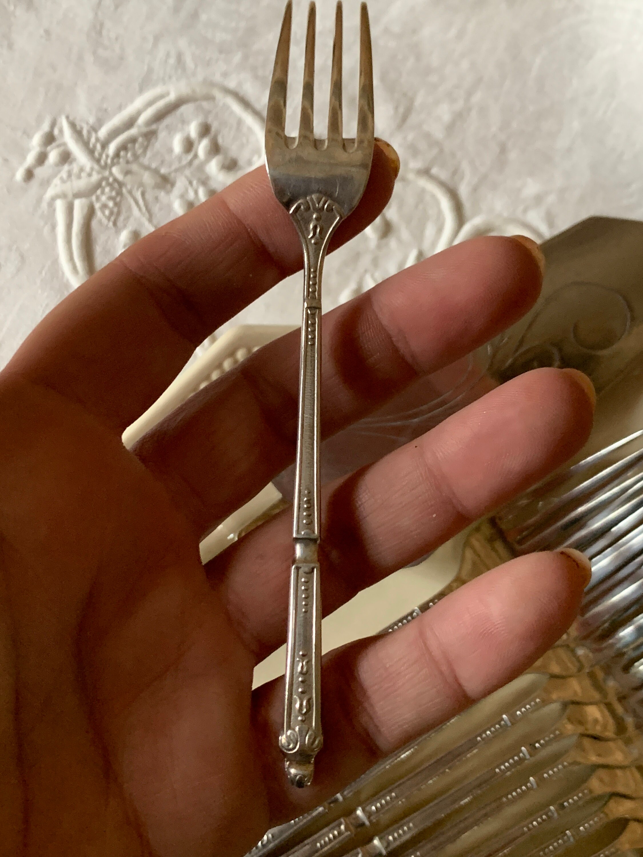 Service à Dessert Guy Degrenne - Métal Argenté - 12 Fourchettes + Pelle à Gâteau Fleur - Vintage