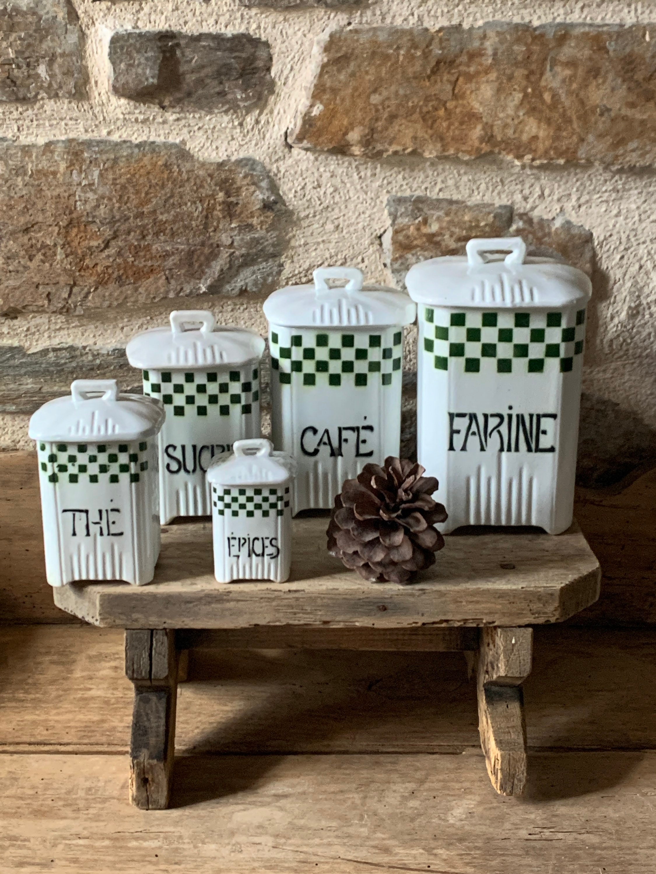 Série de 5 Pots Épices en Grés Lustucru Vert Saint Amand Céranord France , Série d'épices Damier et 