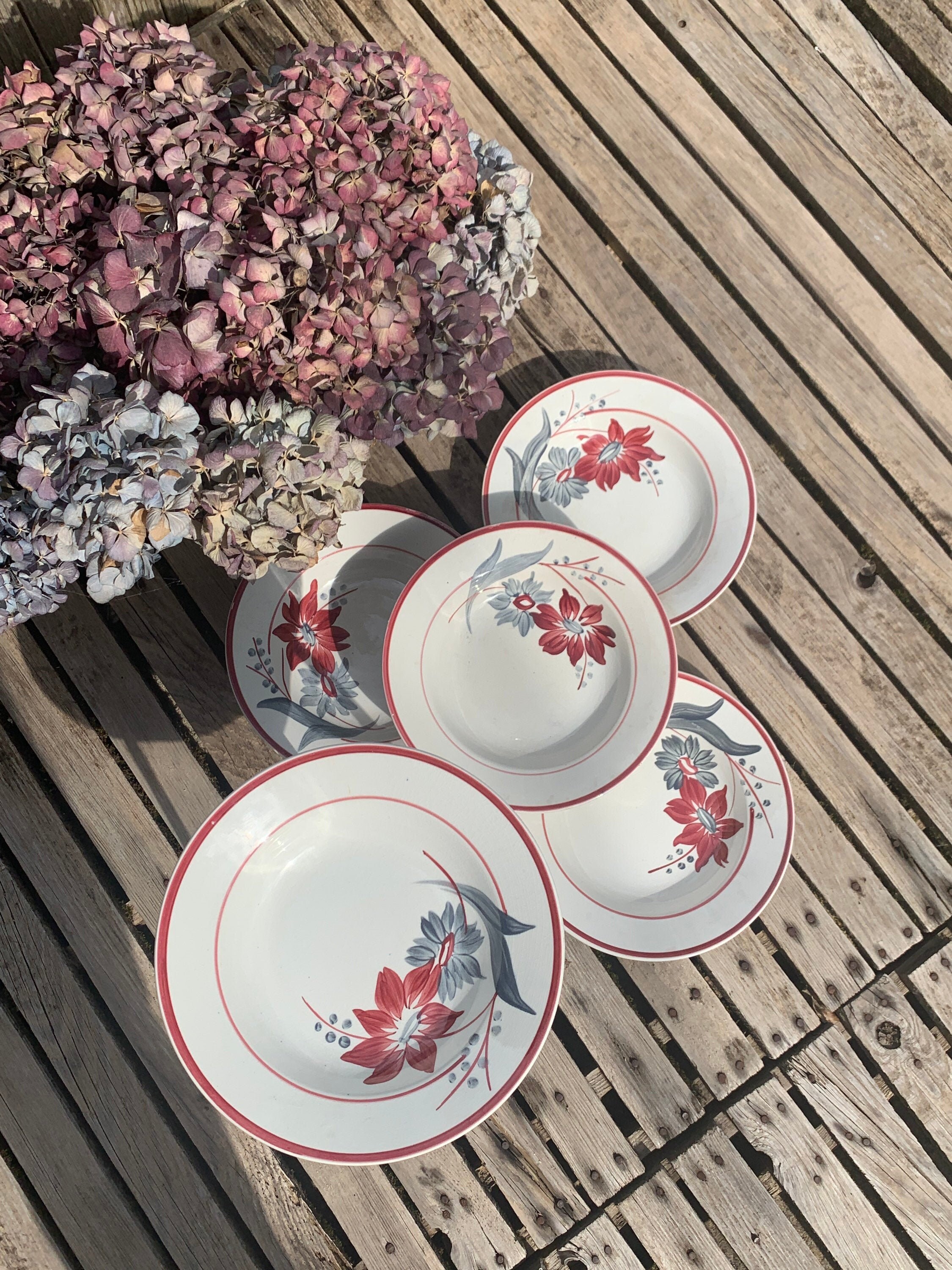 5 Assiettes Creuses Gien Modèle Jeannette, Faience Fleurie , Faience , Flat Plates , Assiettes Terre