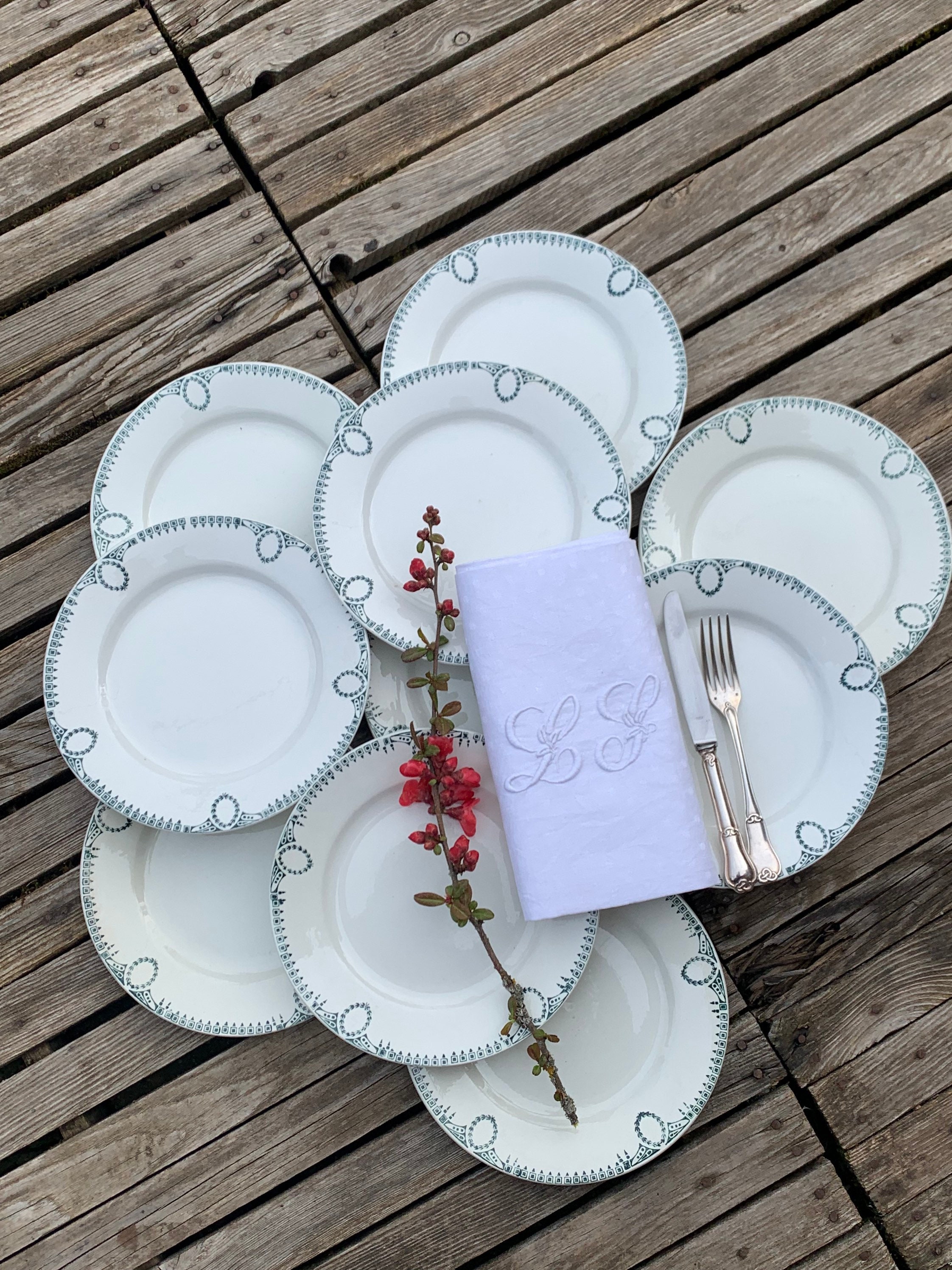 Lot de 10 Assiettes Plates Saint Amand Céranord Au Décor Vert , 10 Saint Amand