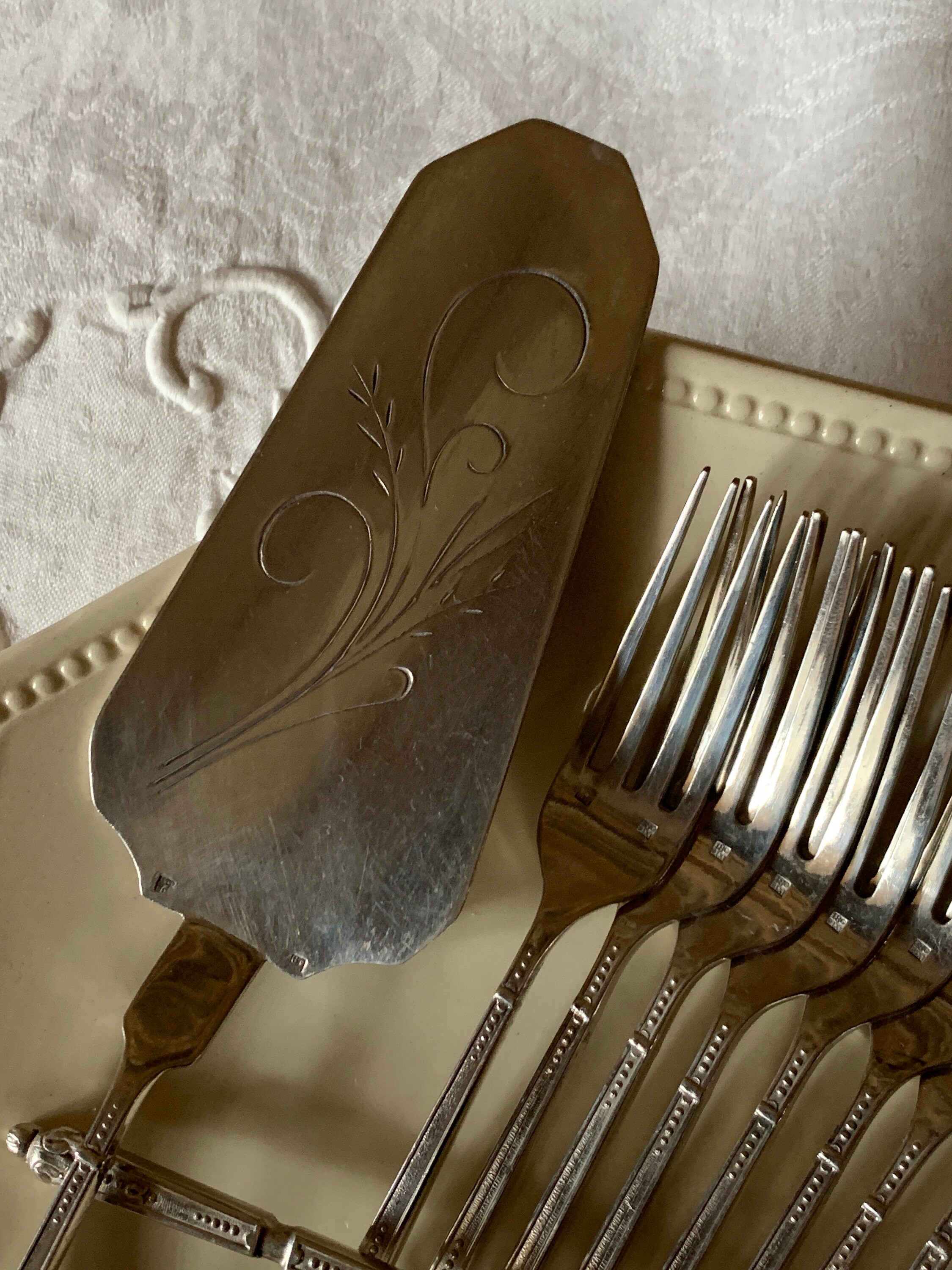 Service à gâteau : pelle à gâteau + 12 petites fourchettes en inox