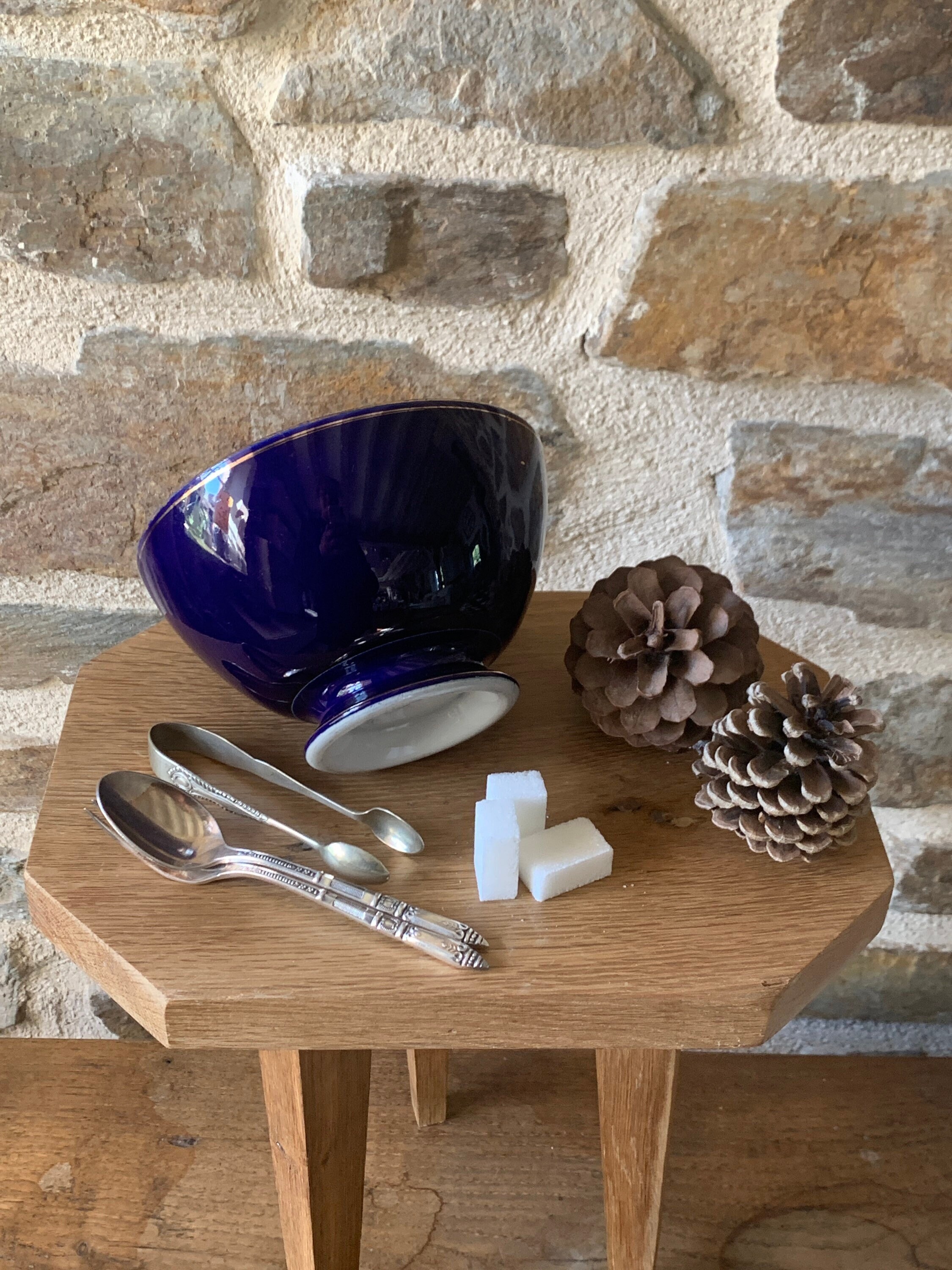 Bol Ancien de Grand Mère Choisy Le Roi Couleur Bleu Four et Dorure sur Les Pourtours