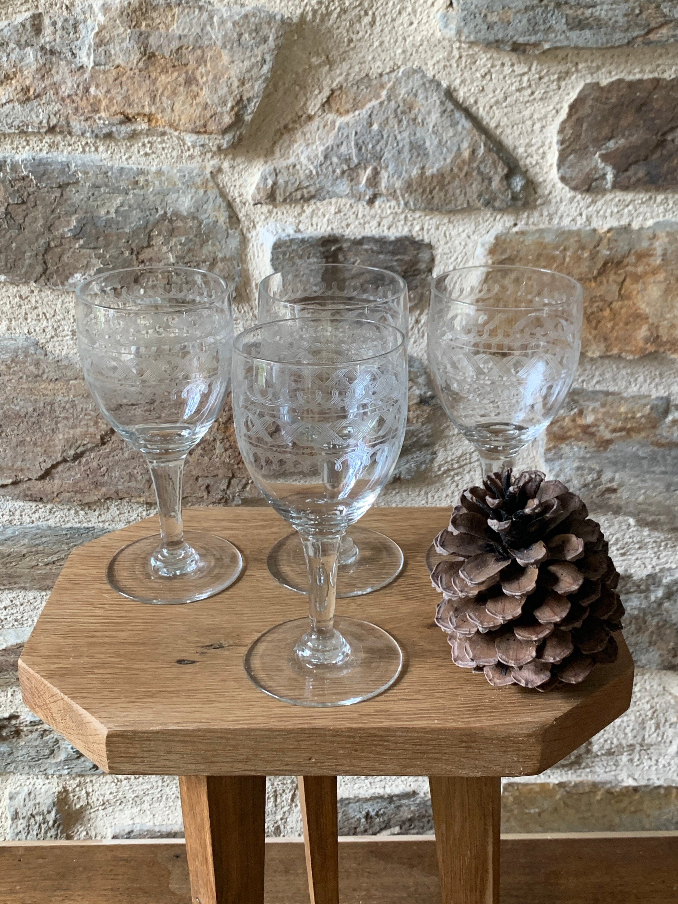 Lot de 4 Verres à Pied Anciens Vierzon, Verres Eau, Verres Vin, Glass, Water Glass, Verres Anciens, 