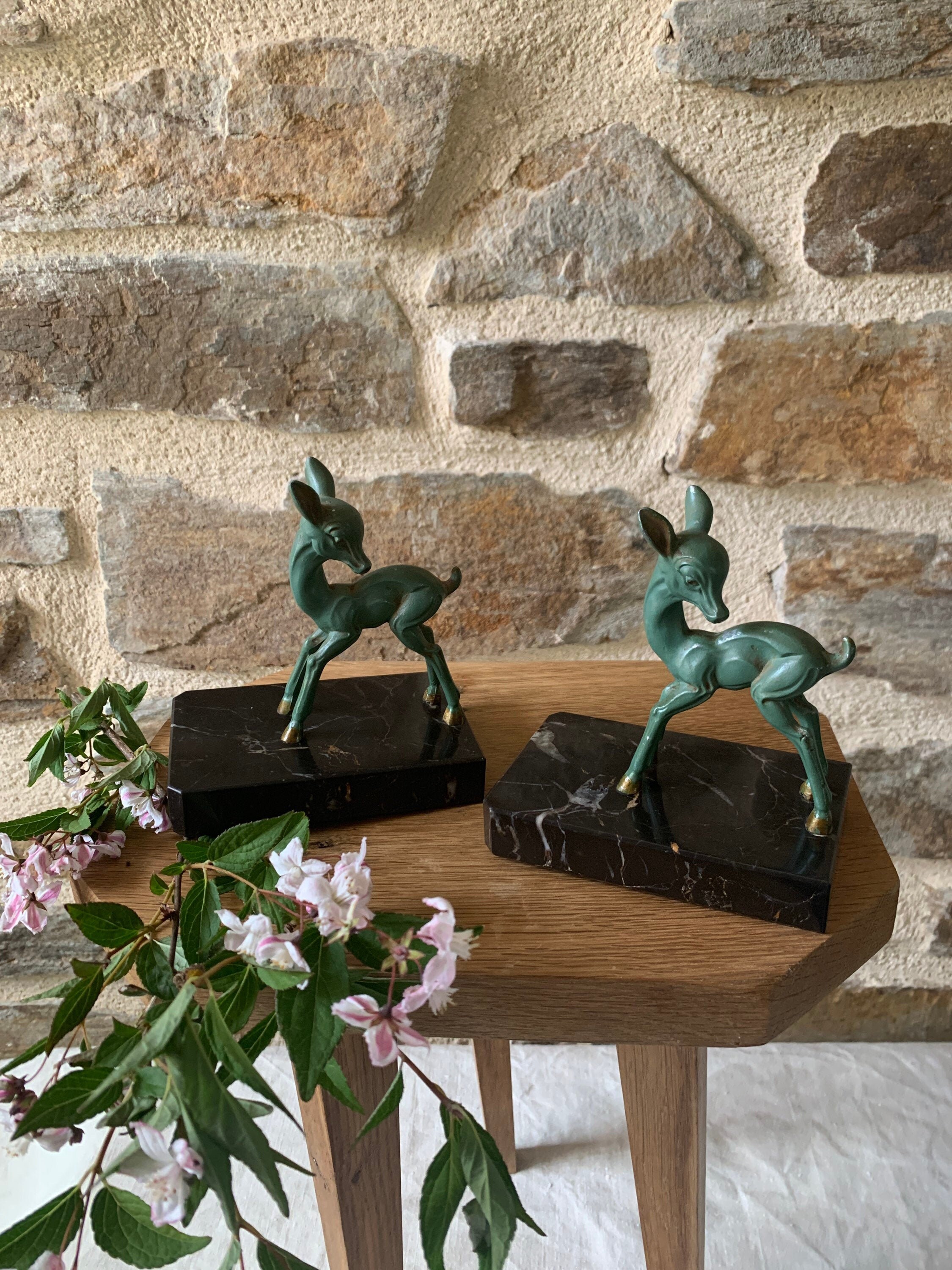 Paire de Serre Livres en Laiton et Régule Bambi, Art Deco, Pied Marbre, Patine Verte, Faon, Biche, S