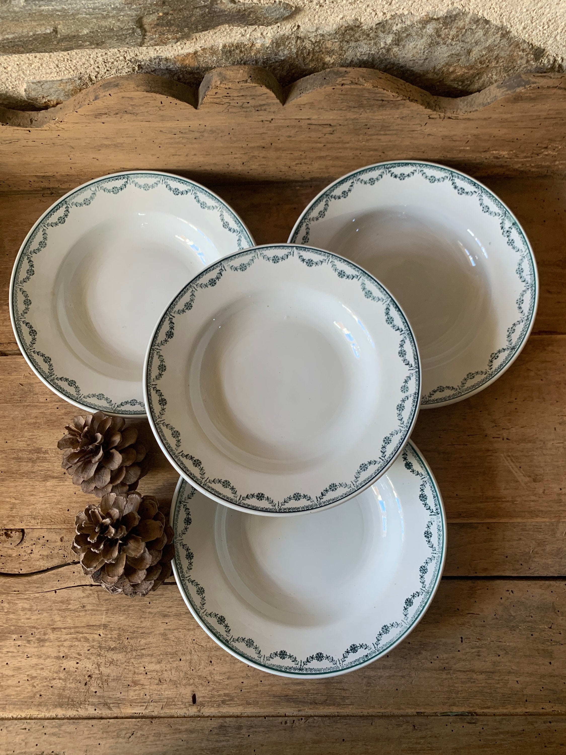 Lot de 4 Assiettes Creuses Anciennes Saint Amand Terre Fer Au Décor Vert, Assiettes Vertes Saint Ama