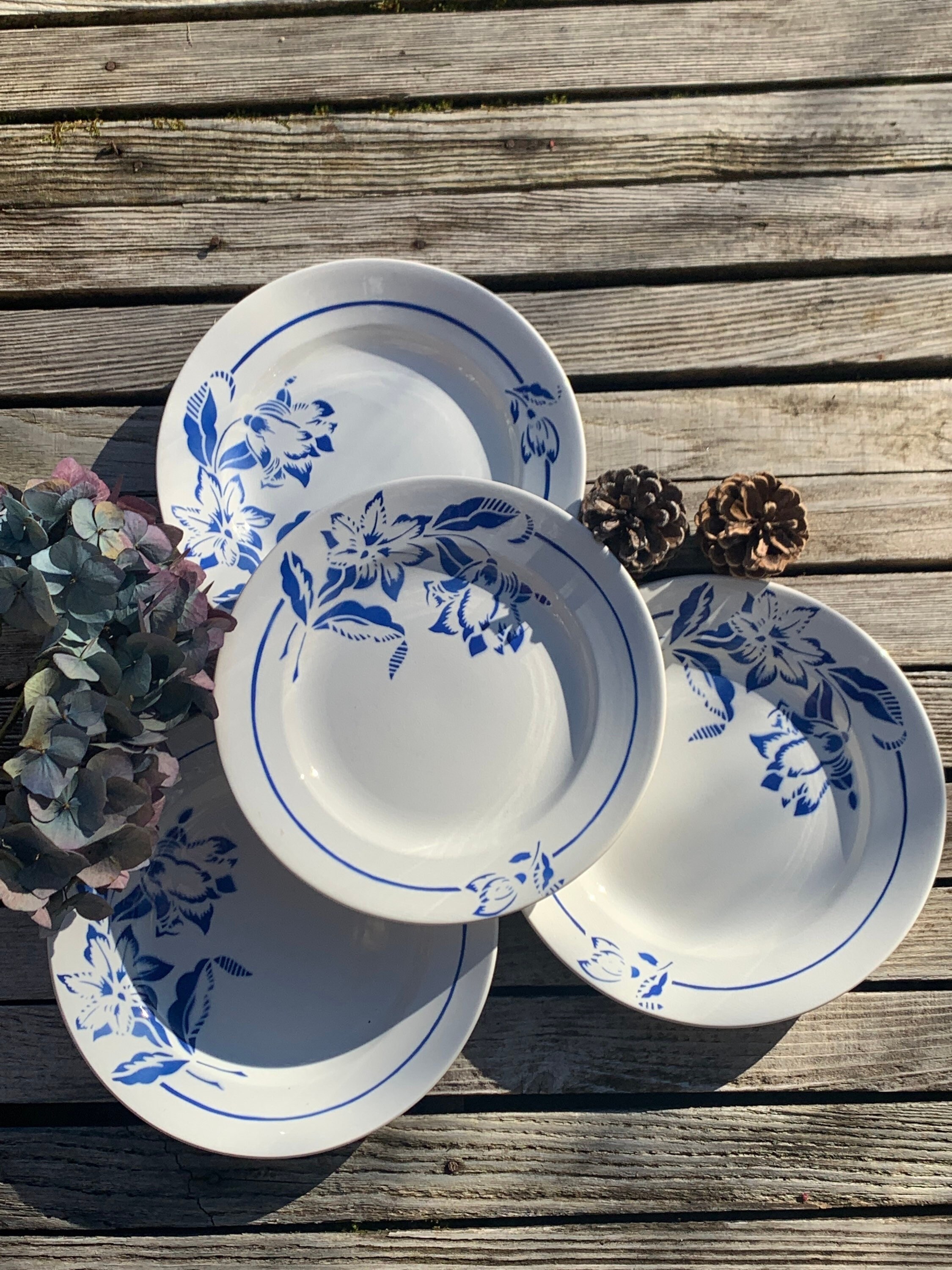 Lot de 4 Assiettes Plates Sarreguemines Fleurs Bleues Modèle Denise , 4 Digoin Sarreguemines Denise 