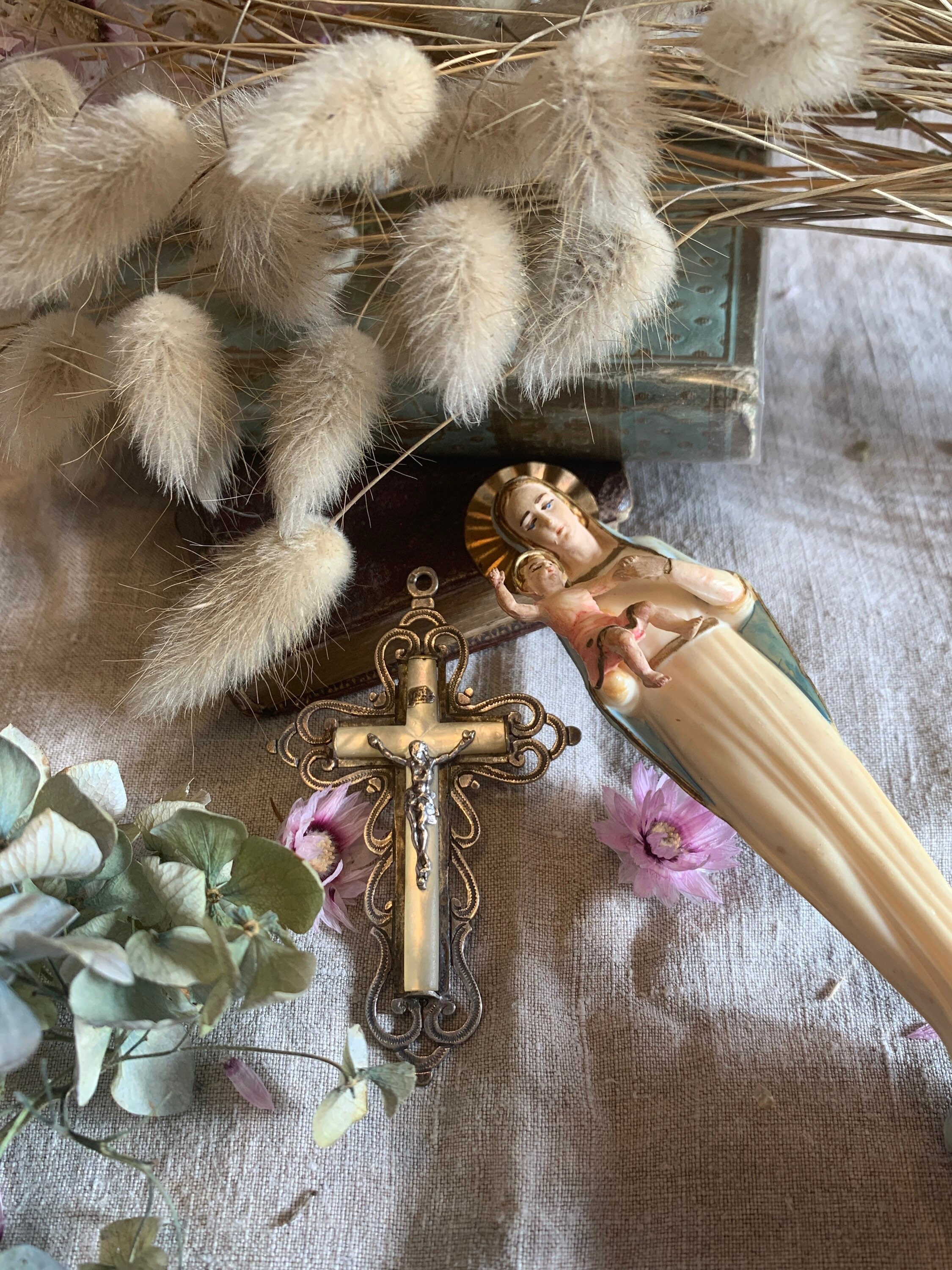 Grande Croix Pectorale Crucifix en Argent et Nacre, Jesus, Croix Pectorale, Croix Religieuse, Crucif