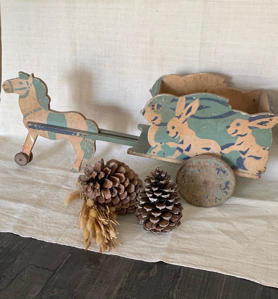 Vintage Child Riding Rabbit Antique Children's Toy With Horse and Rabbit Decoration, Wooden ...