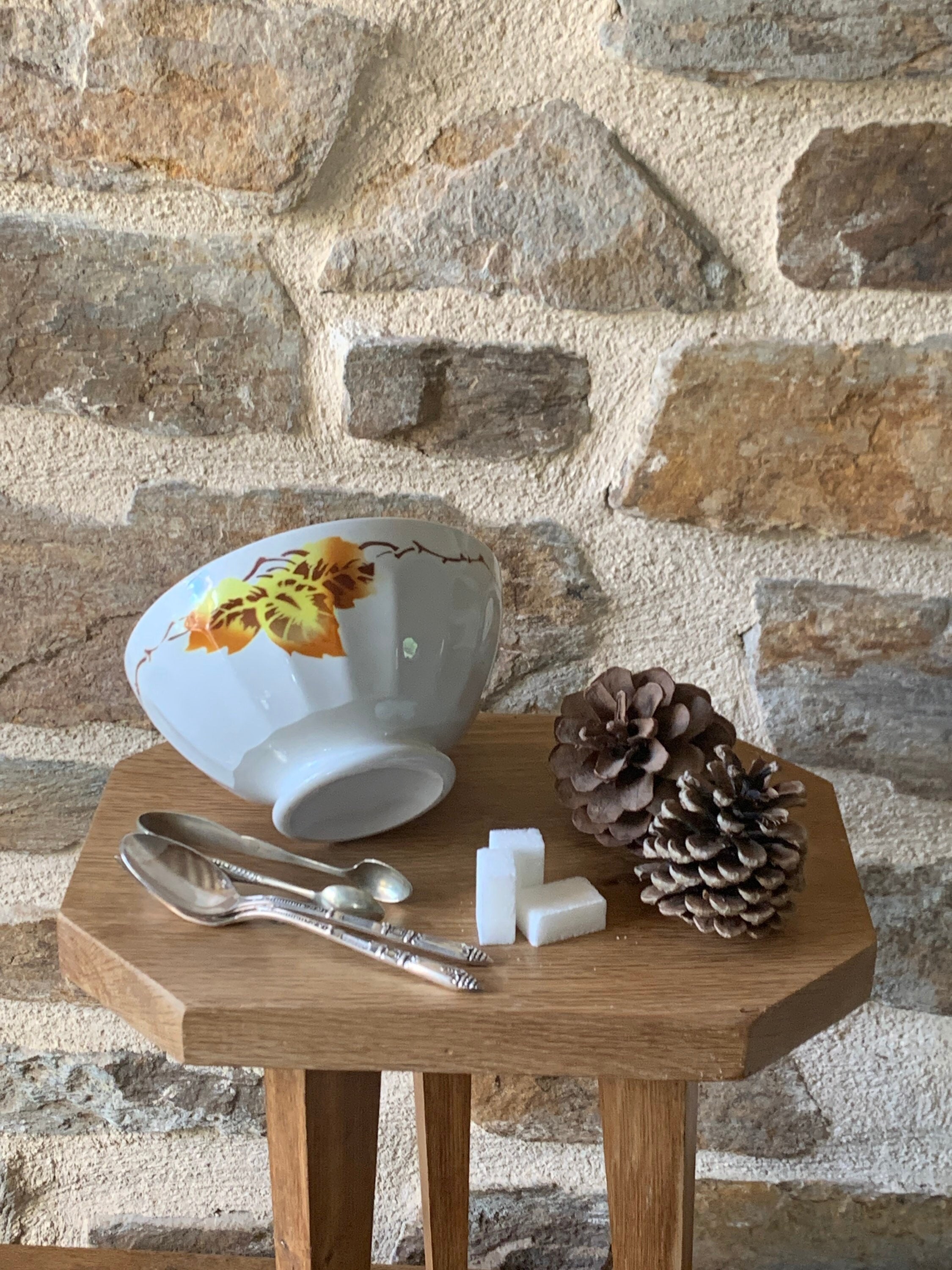 Bol Ancien Côtelé Au Décor de Feuilles Jaunes et Marrons, Old Bowl, French Bowl, Campagne Chic, Bowl