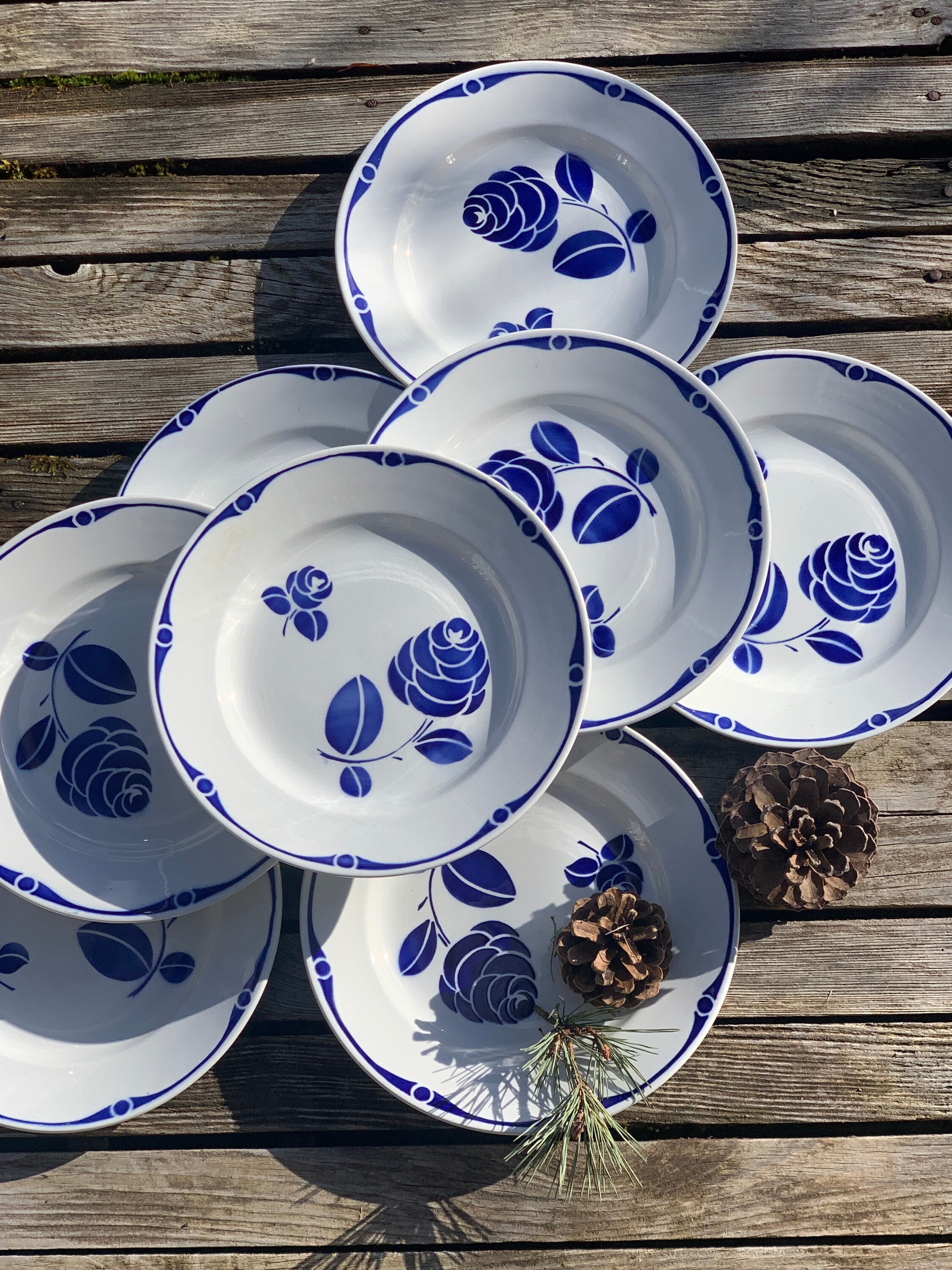 Lot de 8 Assiettes Plates Sarreguemines Modèle Berthe Au Décor Fleurs Bleues , Assiettes Berthe Sarr