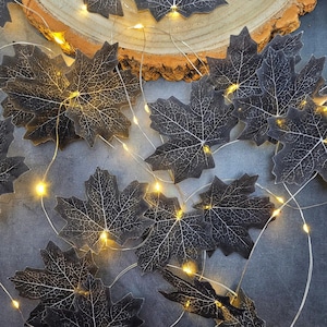 Black Halloween Decor Fairy Lights - Gothic Skeleton Leaf Lit Garland - Spooky Autumn Wedding Decoration - Fall Party Cobweb String Lights