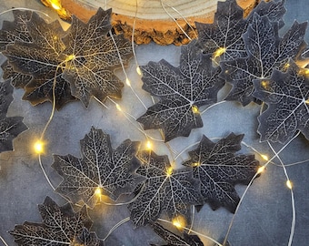 Black Halloween Decor Fairy Lights - Gothic Skeleton Leaf Lit Garland - Spooky Autumn Wedding Decoration - Fall Party Cobweb String Lights