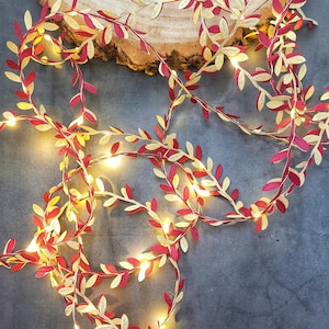 Burgundy & Gold Leaf Fairy Lights Garland - Rustic Wedding Table Decor - Autumn Home Decoration Centerpiece - Fall Party LED String Lights