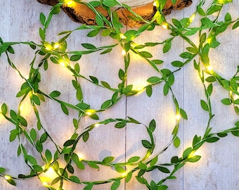 Green Leaf Fairy Lights - Boho Bedroom Decor - Rustic Wedding Table Decor Garland - Christmas LED String Lights - Festive Home Decor Vine