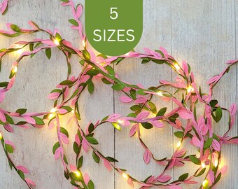 Pink & Green Leaf Fairy Lights - Rose Wedding Table Decor - Sage Boho String Lights - Bridal Shower Garland - Floral Bedroom Lighting