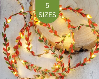 Gold Green & Red Leaf Fairy Lights - Christmas Table Lit Garland - Festive Holiday Home Decor - Rustic Wedding LED String Lights Decoration
