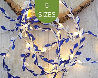 Royal Blue & White Leaf Fairy Lights - Navy Bedroom Decor - Wedding Table Decor - Wedding Reception LED Lit Garland - Cobalt Home Decor