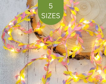 Pink Lilac & Yellow Leaf Fairy Lights - Wedding Table Decor Garland - Pastel Bedroom String Lights - Spring Easter Home Decor