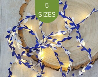 Royal Blue & White Leaf Fairy Lights - Navy Bedroom Decor - Wedding Table Decor - Wedding Reception LED Lit Garland - Cobalt Home Decor