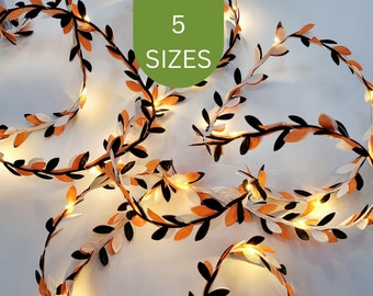 Orange Black & White Leaf Fairy Lights - Unique Halloween Party Decoration - Autumn Wedding Table Decor - Gothic Celebration String Lights