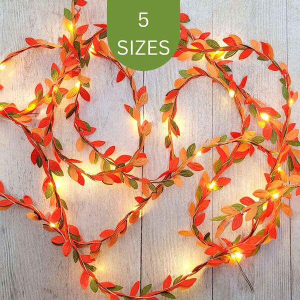 Autumn Decor Fairy Lights - Fall Home Decoration - Autumn Wedding Table String Lights - Thanksgiving Dining Garland - Orange Red Green Leaf