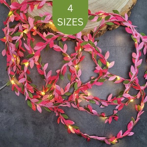 Pink & Green Leaf Fairy Lights - Rose Wedding Table Decor - Boho Bridal Shower String Lights - Lit Flower Garland - Floral Bedroom Lighting