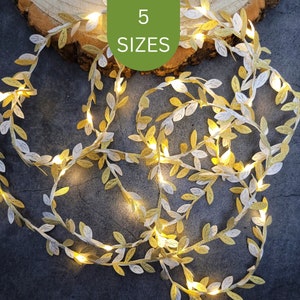 Gold & White Leaf Fairy Lights - Rustic Wedding Table Decor String Lights - Glamorous Reception Garland Decoration - Home Decor Centerpiece