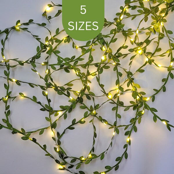 Extra Long Green Leaf Fairy Lights - Boho Bedroom Decor - Rustic Wedding Table Decor Garland - LED String Lights - Home Decor Woodland Vine