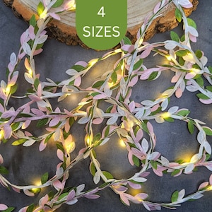 Pink White & Green Leaf Fairy Lights - Rustic Wedding Table Decor - Pale Pastel Pink Bedroom Lighting - Boho Floral Garland String Lights