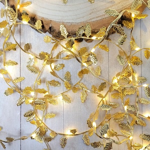 Gold Holly Fairy Lights - Christmas Table Centerpiece - Festive Home Decor - Holiday Hosting Garland - Leaf String Lights Mantle Decoration