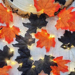 Halloween Decor Fairy Lights - Gothic Black & Orange Wedding Table Decoration - Autumn Fall Leaves Garland - Spooky Party Indoor Lit Garland