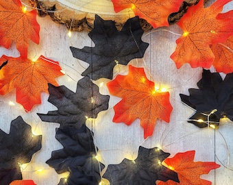 Halloween Decor Fairy Lights - Gothic Black & Orange Wedding Table Decoration - Autumn Fall Leaves Garland - Spooky Party Indoor Lit Garland
