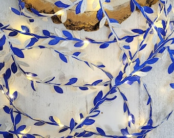 Blue & Silver Leaf Fairy Lights - Wedding Table Decor String Lights -  Festive Royal Blue Christmas Lit Garland - Navy Holiday Home Decor