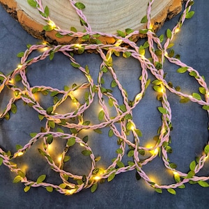 Pink & Green Vine Fairy Lights - Rustic Wedding Table Decor Garland - Boho Bedroom Decor - LED String Lights - Woodland Home Decor Lighting