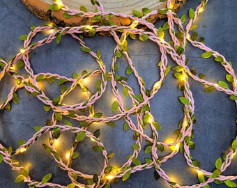 Pink & Green Vine Fairy Lights - Rustic Wedding Table Decor Garland - Boho Bedroom Decor - LED String Lights - Woodland Home Decor Lighting