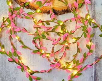 Pink & Green Leaf Fairy Lights - Rose Wedding Table Decor - Sage Boho String Lights - Bridal Shower Garland - Floral Easter Bedroom Lighting