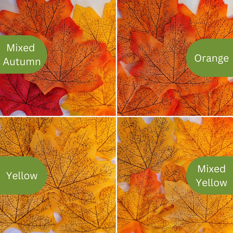 May include: Four squares of fabric with different colored maple leaves. The top left square has red, orange, and yellow leaves with the text "Mixed Autumn". The top right square has orange leaves with the text "Orange". The bottom left square has yellow leaves with the text "Yellow". The bottom right square has yellow and orange leaves with the text "Mixed Yellow".