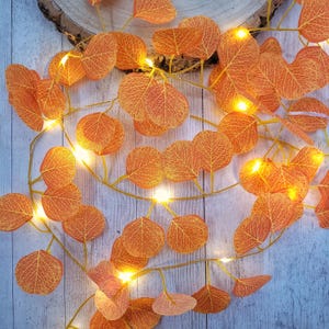 Autumn Decor Fairy Lights - Rustic Burnt Orange Eucalyptus Garland - Fall Leaves Wedding Table Lighting - Thanksgiving Hosting Centerpiece