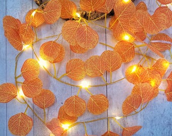 Autumn Decor Fairy Lights - Rustic Burnt Orange Eucalyptus Garland - Fall Leaves Wedding Table Lighting - Thanksgiving Hosting Centerpiece
