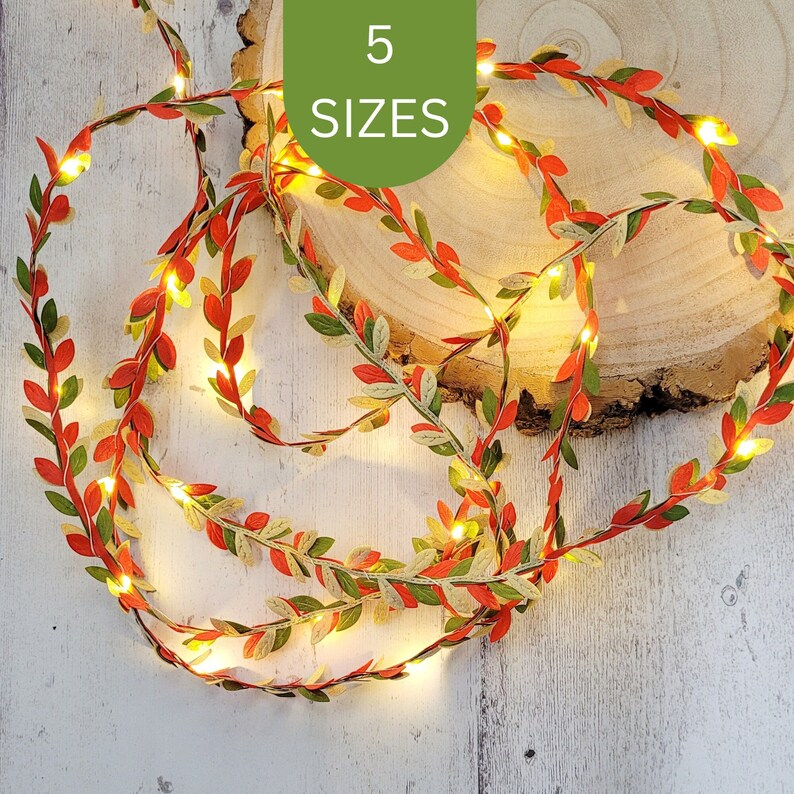 Gold Green & Red Leaf Fairy Lights Christmas Table Lit Garland Festive Holiday Home Decor Rustic Wedding LED String Lights Decoration image 1