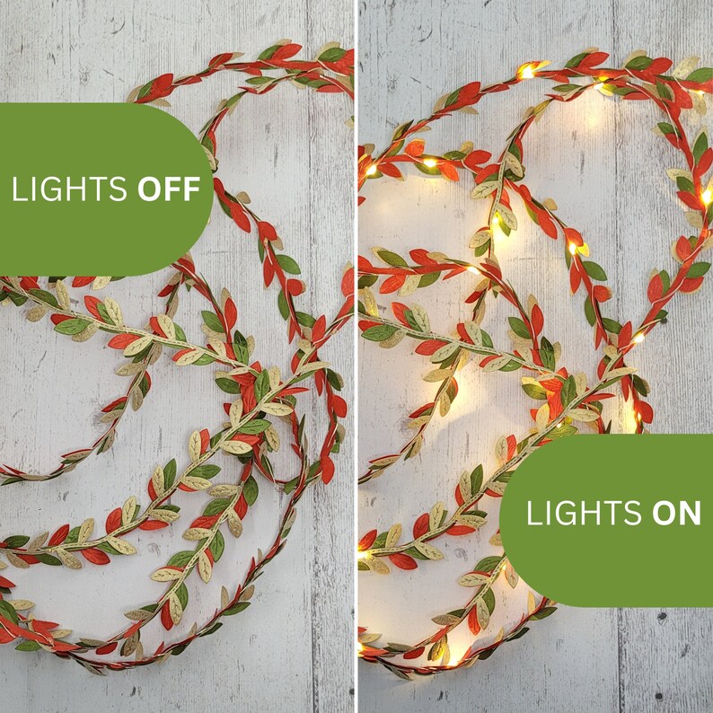 Gold Green & Red Leaf Fairy Lights Christmas Table Lit Garland Festive Holiday Home Decor Rustic Wedding LED String Lights Decoration image 4