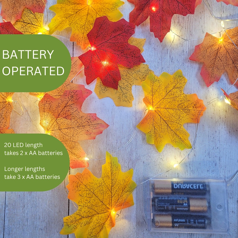 May include: Battery operated string lights with 20 LED lights and fall-colored maple leaves. The lights are powered by 2 AA batteries for the 20 LED length and 3 AA batteries for longer lengths. The text "BATTERY OPERATED" is written in green on a white background.