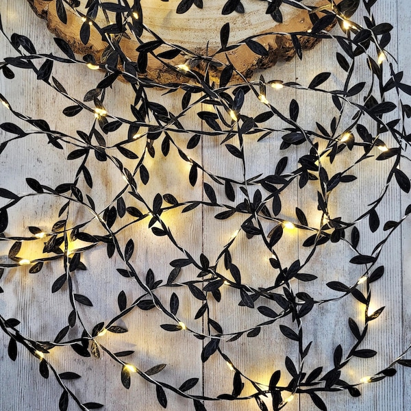 Black Leaf Fairy Lights - Gothic Wedding Table Decor Garland - Dark Academia Bedroom - Witchy Goth Home Decor - LED Halloween String Lights