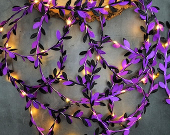 Purple & Black Leaf Fairy Lights - Gothic Wedding Table Decor - Dark Cottagecore Home - Witchy Bedroom String Lights - Lit Halloween Garland