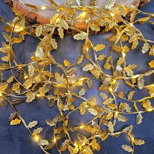 Gold Holly Fairy Lights - Christmas Table Centerpiece - Festive Home Decor - Holiday Mantle Garland - Leaf String Lights Hosting Decoration