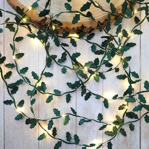 May include: A string of decorative fairy lights featuring small, dark green holly leaves interspersed along a thin, flexible wire. The lights emit a warm, soft glow, creating a festive illumination throughout the leafy garland arrangement.